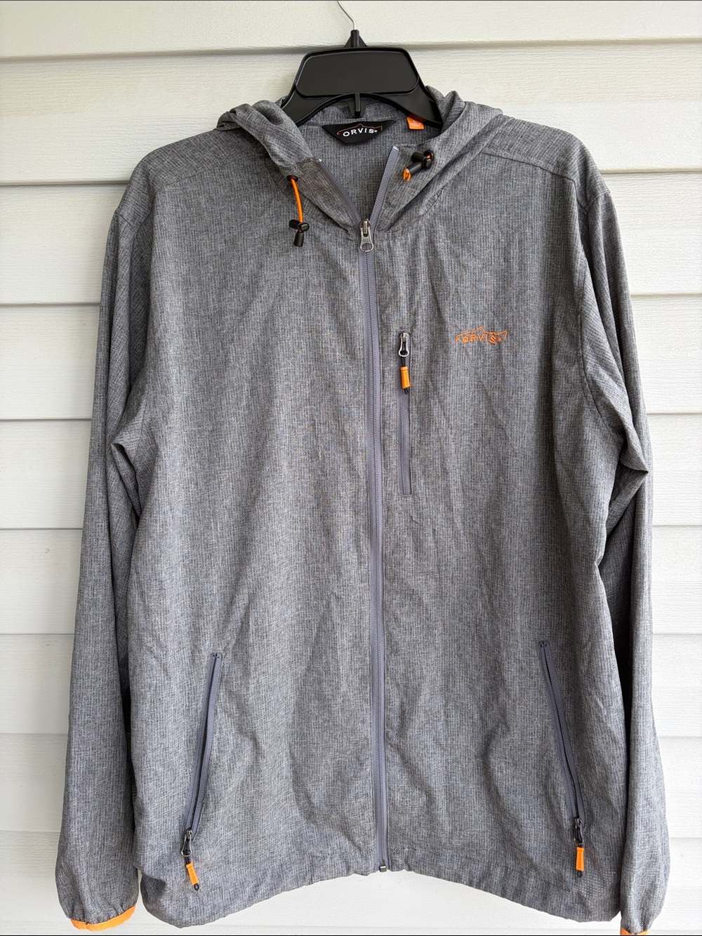 Orvis Gray Hooded lightweight jacket with Orange Accents